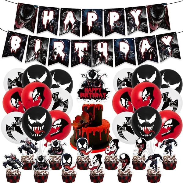 Venom Happy Birthday Juhlakoristeet , Syntymäpäiväjuhlatarvikkeet Venomille Sisältää Happy Birthday Banner - Cake Topper - Cupcake Toppers - Ilmapallot.