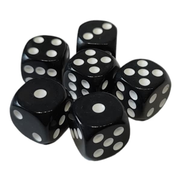 6 mustaa noppaa 16mm noppapeleihin, helppo heittää