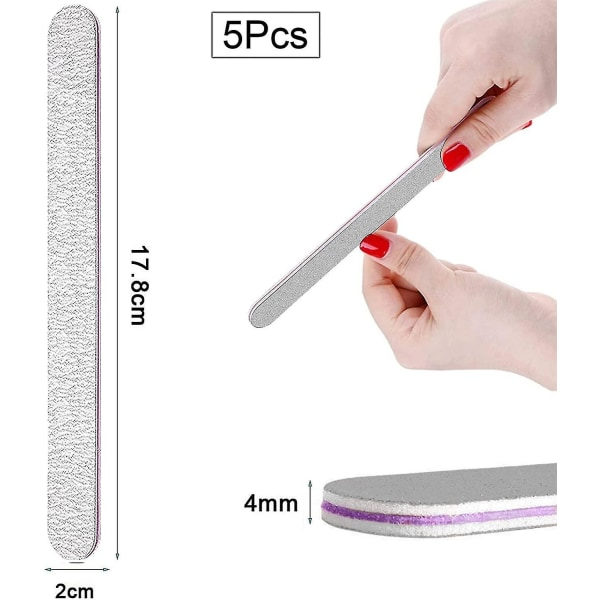 (Grå) 5-pack professionella nagelfilar, dubbelsidiga nagelfilar, naturliga akrylgelnagelfilar, för manikyr, salong