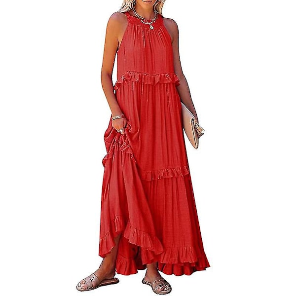 Halterneck Ärmlös A-linje Klänning för Dam, Casual Lång Strandklänning Red XL