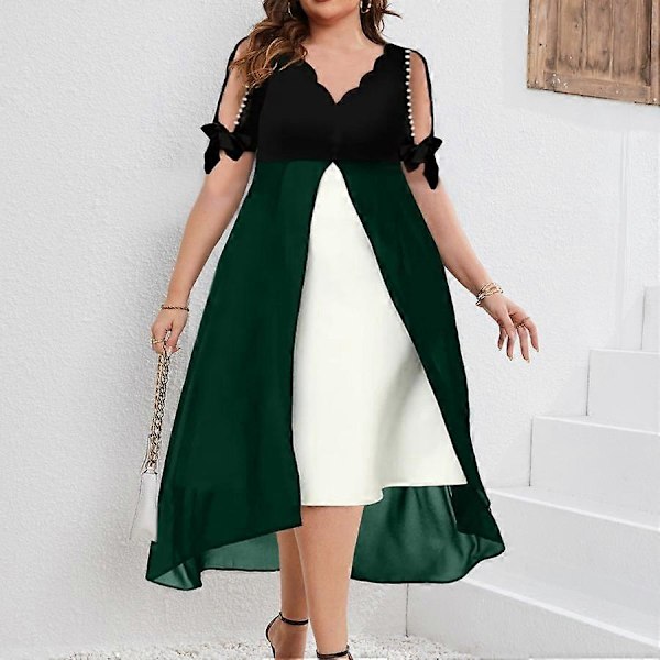 Vår Sommar Plus Size Damkläder Elegant Mode Off Shoulder V-ringning Patchwork Chiffong Faux Tvådelad Oregelbunden Klänning green 4XL