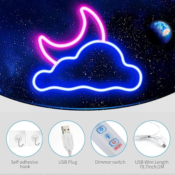 Neonskylt, Moln och Måne LED Neonljus, Neonskyltar för Väggdekor USB