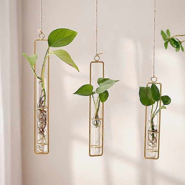 Guld/svart Väggmonterad Växtföröknings Terrarium Set om 3, Provrörsvas för Hydroponisk Blomma Badrumsinredning Gåva till Kvinnor golden