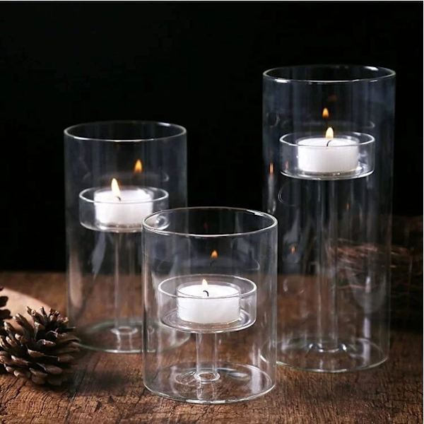 Glass Telysholder Stearinlys Sett med 3 Klart Votiv Lysholdere for Bryllup Fest Hjem Stue Dekorasjon