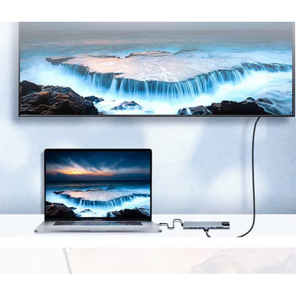 8-portars USB-C-hubb med USB, UBC PD, HDMI, RJ45, minneskort Grå