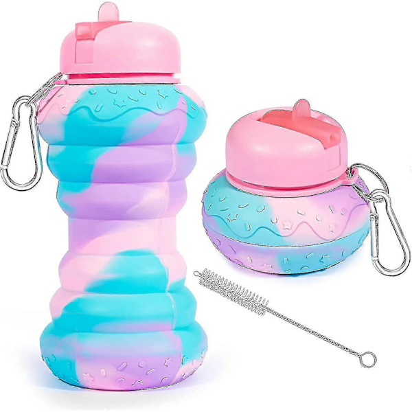 Donut Hopfällbara Vattenflaskor för Barn för Skolan 20oz BPA-fria Läcksäkra Silikon Hopfällbara Vattenflaskor för Student Småbarn Sport Resor Med Fli