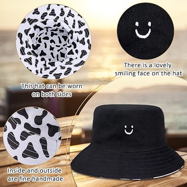 Solhatt Bomull UV Bøttehatt Reversibel Sommer Reise Strand Fiske Smil Cap