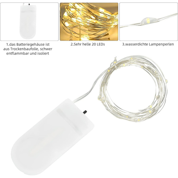 LED-keijuketjut paristokäyttöiset, 3 pakkausta 2M 20 LED mikrolankakeijuketjut makuuhuoneen purkkeihin laseihin hääjuhliin Warm White 3pcs