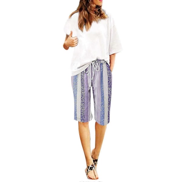 Herr Casual Bomull Linne Shorts, Sommar Färgblock Randiga Dragsko Midja Shorts Green S