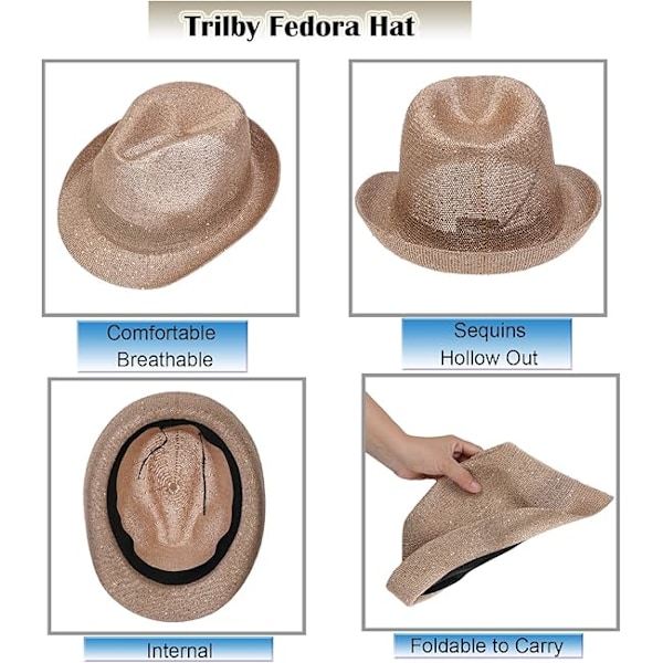 Sequins Hollow Out Fedora Solhat til Kvinder Mænd Foldbar & Pakbar Trilby Panama Sommer Strandhatte