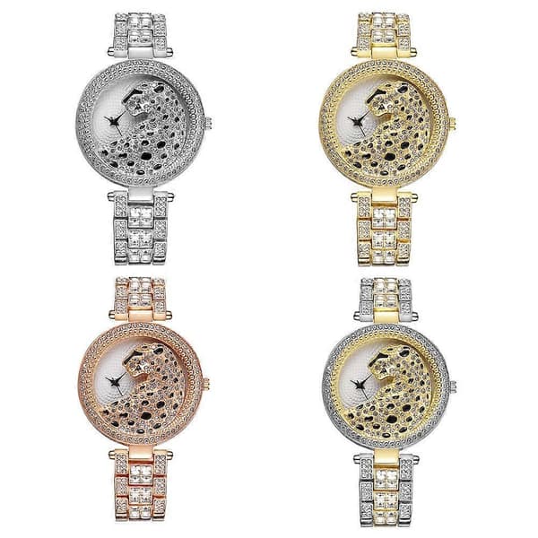 Guld Leopard Ur Bling Dame Quartz Ur Gold Silver