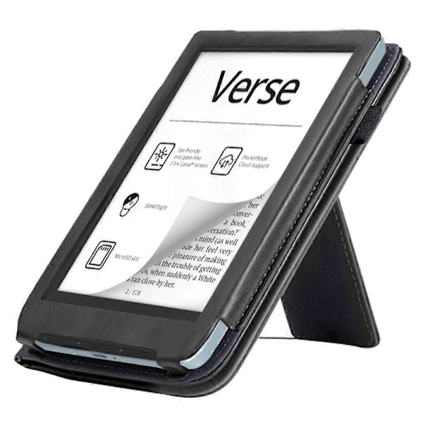 Skyddsfodral med stativ i PU-läder för PocketBook Verse PB629 E-läsare, automatisk väckning/sömn Black