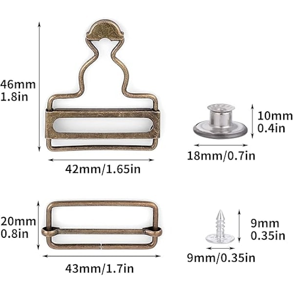 6 Set Metallbygelspännen Dungaree Spännen med Rektangulär Slider för Byxor, Bälten, Handväskor, Jackor, Arbetskläder