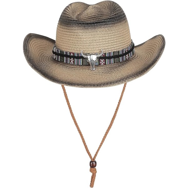 Unisex Halm Cowboyhatt med Hakestropp Bred Bremm Sommer Strand Reise Solhatt Cap Foldbar Halm Fedorahatt