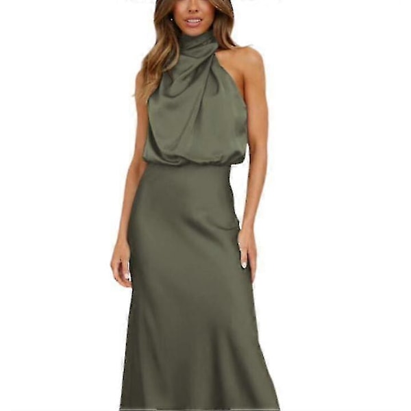 Sommerkjole i sateng for kvinner, uten ermer, plissert og lang Army green S