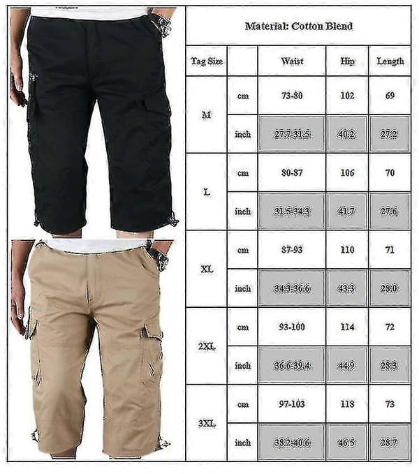 Herre 3/4 Længde Elastiske Shorts Talje Combat Quarter Bukser Khaki M