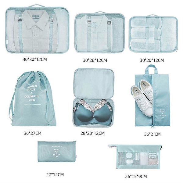 8 stk. Pakkekuber Bagageopbevaring Organizer Kompressionskuffert Rejsetaske Beige