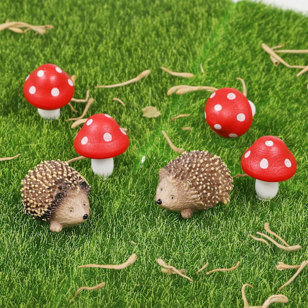 8 Pakke Miniatyr Fe Hage Tilbehør, 4 Miniatyr Harpiks Pinnsvin og 4 Tre Sopp, Fe Sopp Hage