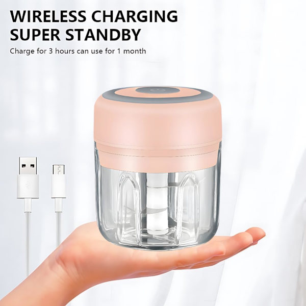 PINK - Mini elektrisk matberedare och vitlökshackare - 250 ml, USB-laddning, 3 blad - Perfekt för att hacka grönsaker, peppar White