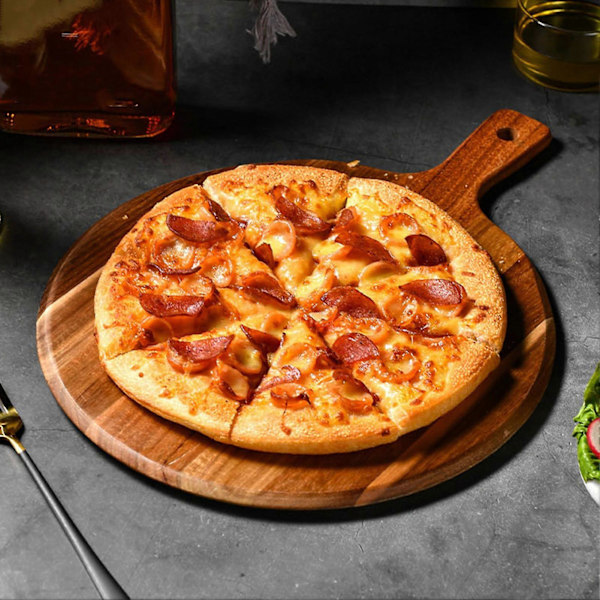 Pizzafad i træ med langt håndtag, rundt skærebræt, grøntsagskage, brød, dessert, bøf, kød, serveringsbakke, køkkenudstyr
