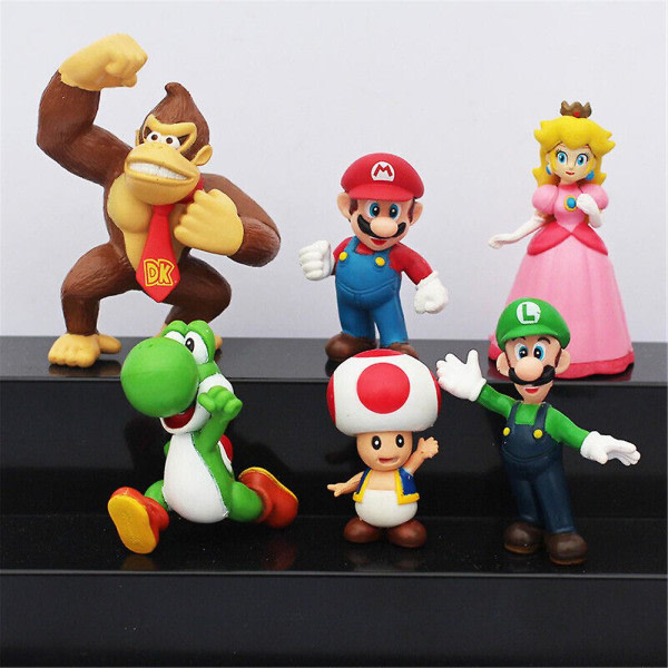 6 stk/sett Super Mario Actionfigur Lekebil Dekorasjon Ornament Gaver (FMY)