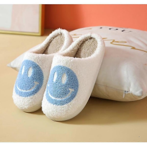 Leende Ansikte Plysch Bomulls Tofflor Kvinna Hem Söt Tjockt Sula Cartoon Non-s IKD Blue 39-40