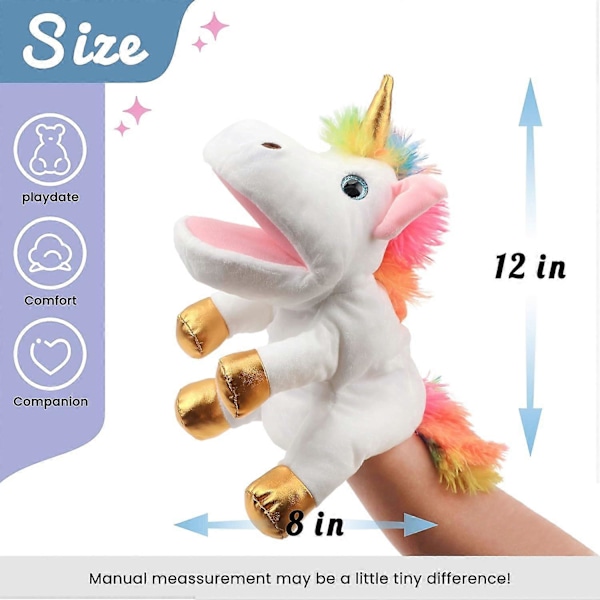 Plush Enhörning Handdocka med Öppen Rörlig Mun för Fantasifull Lek, Rollspel, Interaktiv Leksak för Berättande Undervisning Dockteater, Födelsedag