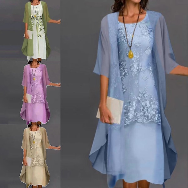 1 Set Vår Sommar Kontorsdam Cardigan Klänning Blommigt Tryck Stor Fåll Elegant Chiffon Klänningsset För Fest Yellow XL