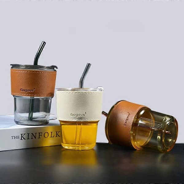 Glassbeger med sugerør, glatte kopper, reisebeger for iskaffe, store perlejuicer Amber
