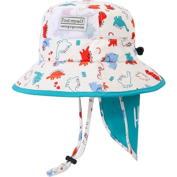 Solhatt Barn Sommar Bucket Hat Bred Brätte Strandhatt med Hakrem UPF50 Dinosaurie Flap Cap för Barn 2-10 År