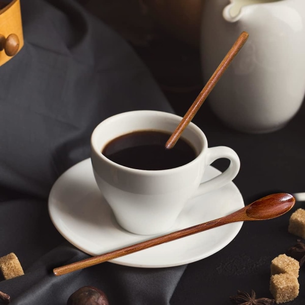 4 stk. kaffeskje med langt håndtak i naturlig tre, honningskjeer for kaffe, te, espresso, varme drikker, iste
