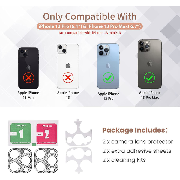 2-pack Diamond Crystal kameralinsskydd kompatibelt för Iphone 13 Pro(6.1")/13pro Max (6.7") Tillbehör Bling cover, case , anti-sc Black Black