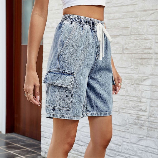 Elastiska shorts med dragsko i midjan för dam, flera fickor, lediga sommarshorts för daglig användning, blå L