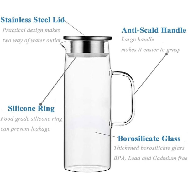Borosilikatglas Vandkande Saftkande Karaffel med låg og børste til varmt/koldt vand og is-te 1500ml