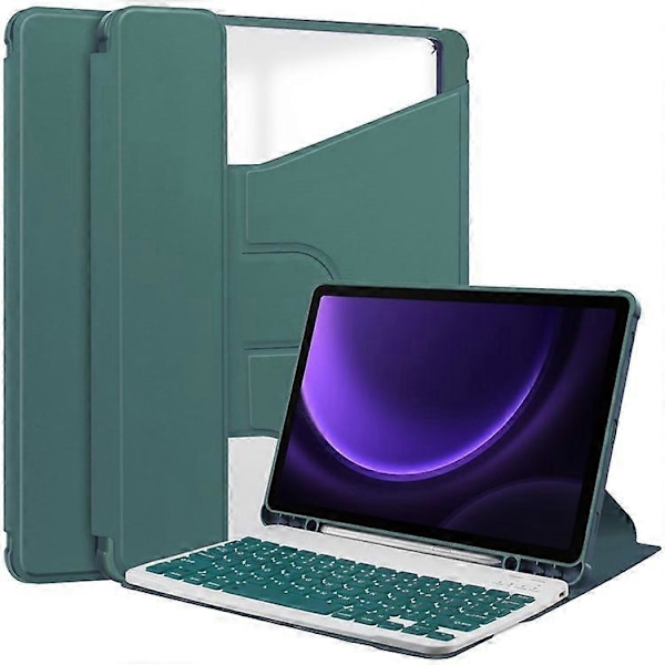 Kompatibelt Skal för Samsung Galaxy Tab S9 FE Läder+Akryl Roterande Ställskydd med Bluetooth-tangentbord DarkGreen