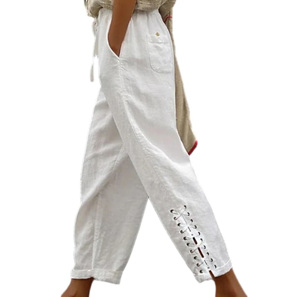 Casual bukser med elastisk midje, snøring, lommer og mansjetter med knyting, ensfarget sommerbukse for kvinner, streetwear White L