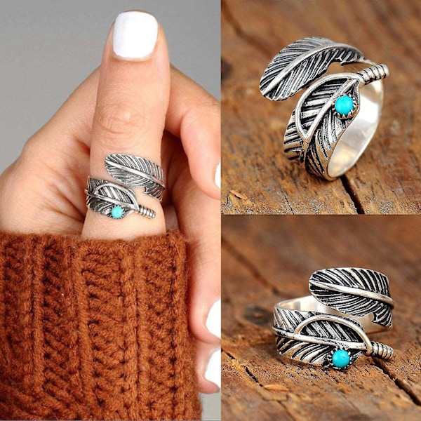 Boho Fjäder Turkos Justerbar Ring Symboliserar Nya Början