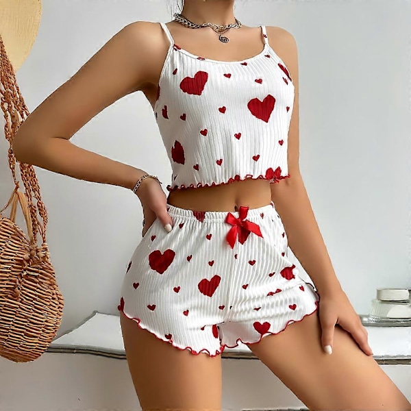 Naisten kotivaatteet Rakkauskuvioinen olkaimellinen shortsiasu Ohut Ribbineulos Eurooppalaiset ja amerikkalaiset naisten pyjamat Red And White XL
