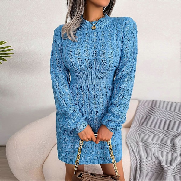 Höstklänningar för Kvinnor Kabelstickad Långärmad Rundhals Kroppsnära Tröja Midjekort Miniklänning Passform S-2XL XL