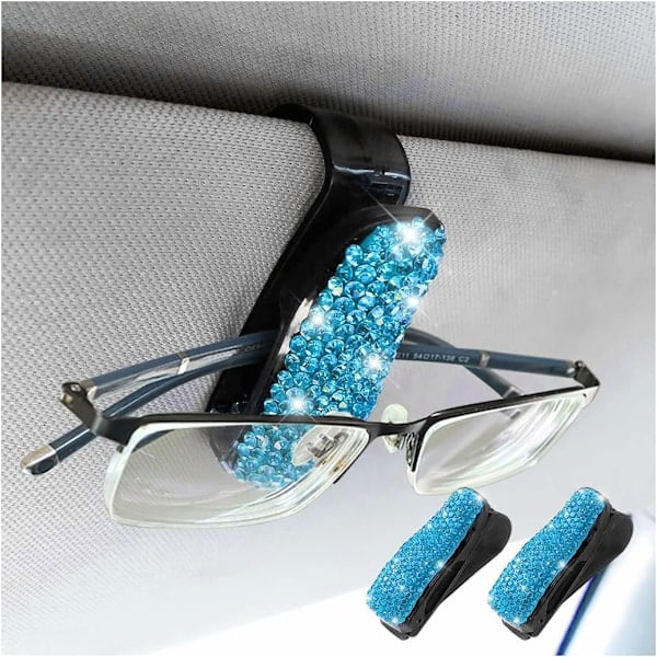 2 Pcs Car Sun Shade Glasses Holder, Bling Crystal Diamond Auto Sunglasses Holder Mount, Rhinestone Car Decoration Accessories (Navy Blue)