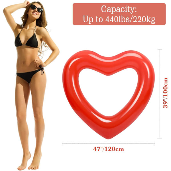 Uppblåsbara badringar, 47,3\" x 39,4\" hjärtformade flytande poolflottör liggunderlag, vattenleksaker för barn, vuxna Red