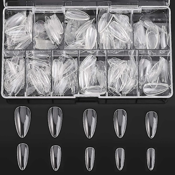 Mandelformade Akrylnaglar - 500 st Falska Naglar Full Cover Med Ask För DIY Nagelkonst, 10 Storlekar Almond