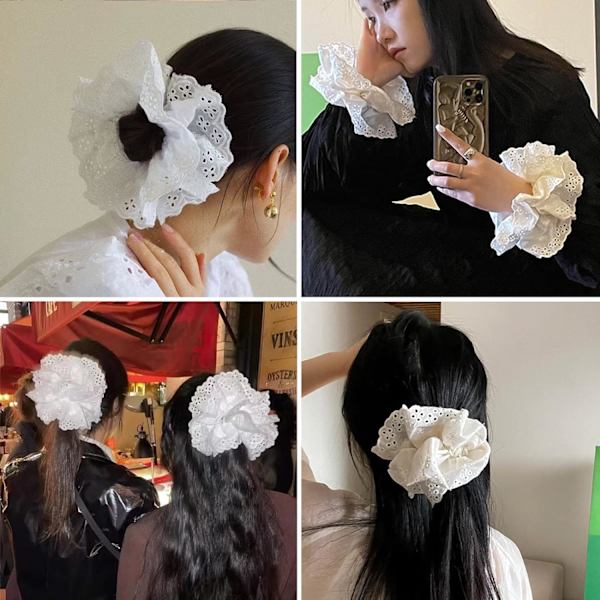 Valkoiset pitsi Scrunchies Suuret hius Scrunchies naisille, joustavat hiusnauhat Scrunchy Pehmeät hiussiteet Köydet, Bobbles Poninhäntäpidikkeet Hius Lolita Scrunchie