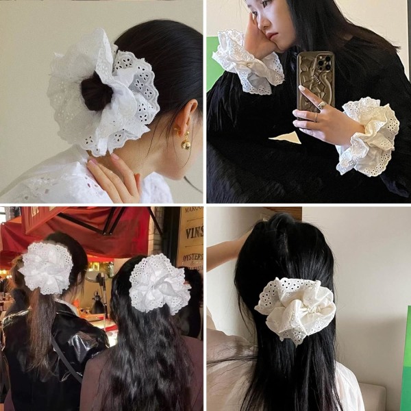 Vita Spets Scrunchies Stora Hår Scrunchies för kvinnor,Elastiska hårband Scrunchy Mjukt Hårband Rep,Bobbles Hästsvanshållare Hår Lolita Scrunchie