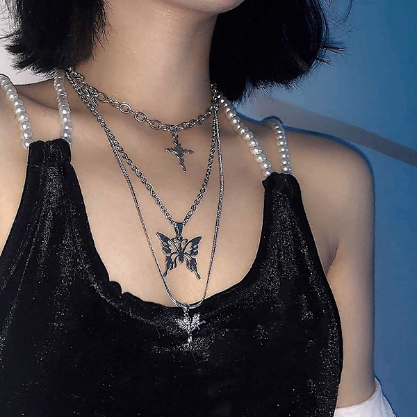 Låsnyckelhänge Kedjor Halsband Set för Eboy Egirl Män Manlig Emo Goth Kvinnor Tonåringar Flickor Pojkar Smycken Pack för Byxor Punk Play Fjäril Kedja + Lås