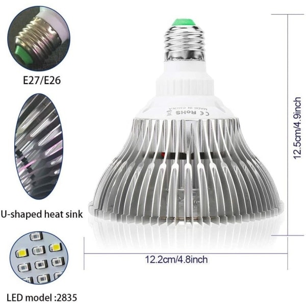 Plantelampe, 100W E27 LED Fuld Spektrum Plantevækstlys Hortikulturel Lampe, til Planter med Blomster og Grøntsager Indendørs/Drivhus/Have