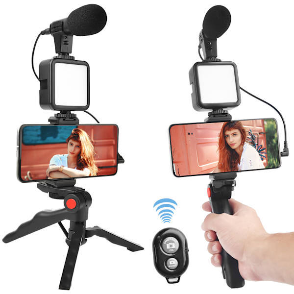 Vlogging-sæt med stativ, mikrofon, LED-lys og telefonholder
