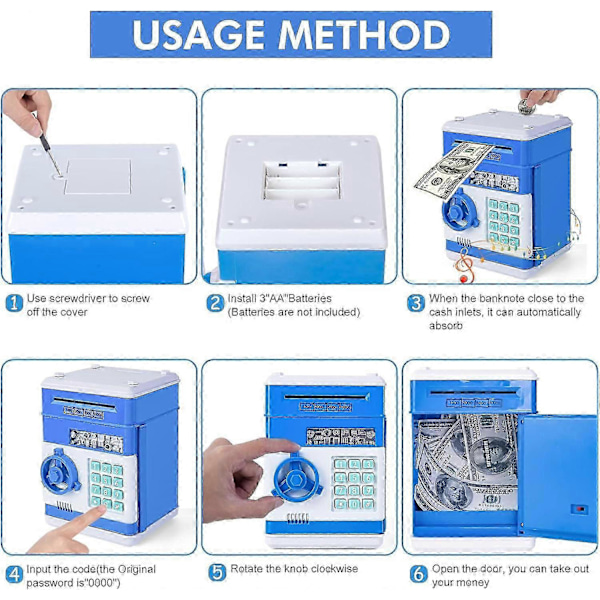 Pengeboks for barn i alderen 3-12 år, elektronisk pengeboks sikkerhetsboks for jenter og gutter, passord pengeboks spareboks for jenter barn -Qin Blue