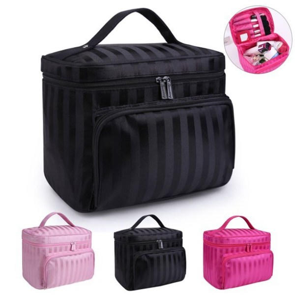 Foldbar stribet makeup taske med stor kapacitet - spot salg rose rød rose red