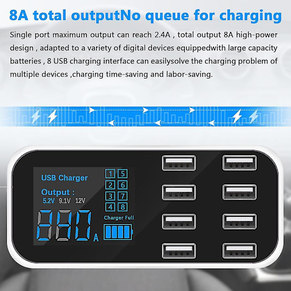 A9s Snabb Bil Laddare 8 Portar Multi Usb LCD Display Telefon Laddare 12v Batteriladdare Usb Hub För Pho
